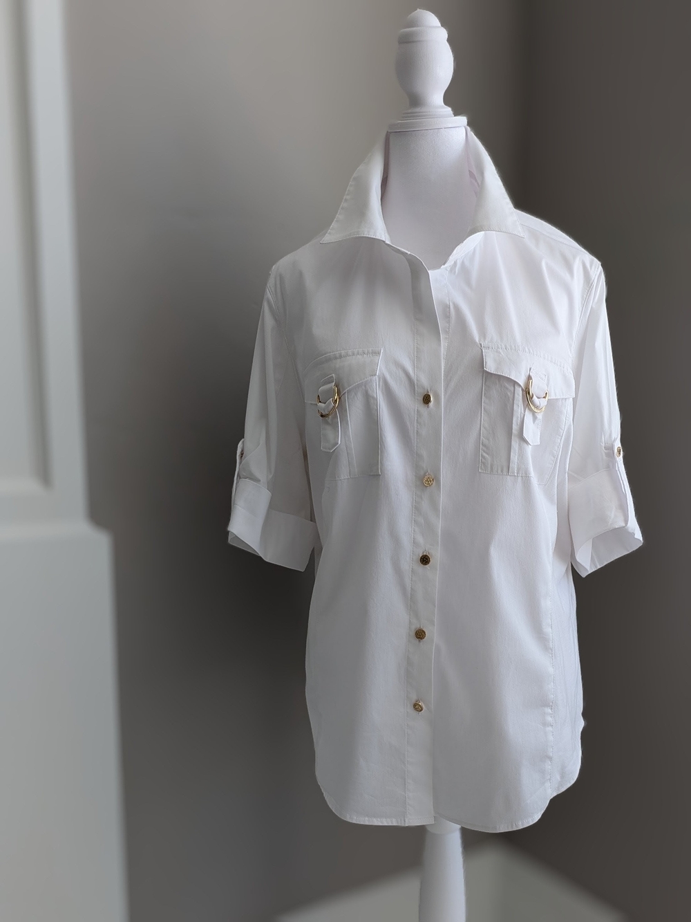 Anne Klein White Button-Down Shirt with Gold Accents-1X